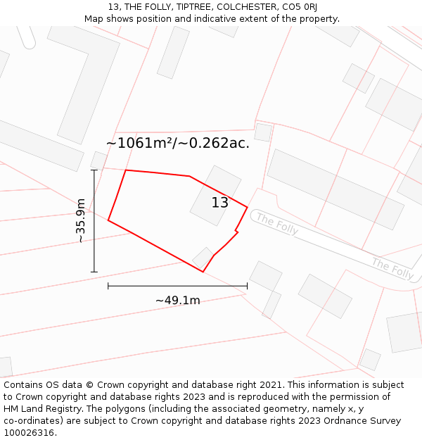 13, THE FOLLY, TIPTREE, COLCHESTER, CO5 0RJ: Plot and title map