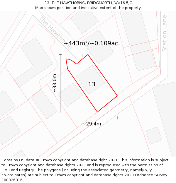 13, THE HAWTHORNS, BRIDGNORTH, WV16 5JG: Plot and title map