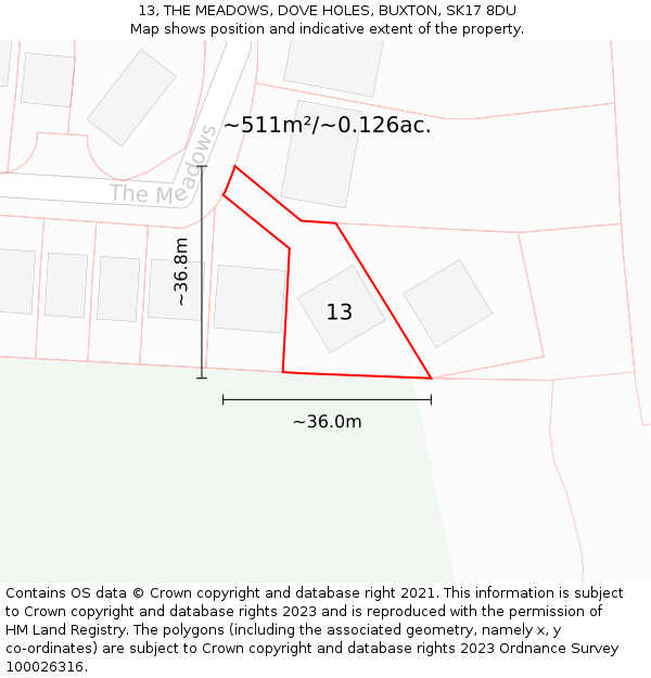 13, THE MEADOWS, DOVE HOLES, BUXTON, SK17 8DU: Plot and title map