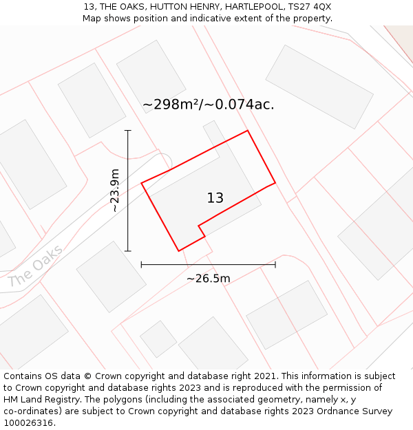 13, THE OAKS, HUTTON HENRY, HARTLEPOOL, TS27 4QX: Plot and title map