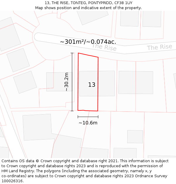 13, THE RISE, TONTEG, PONTYPRIDD, CF38 1UY: Plot and title map