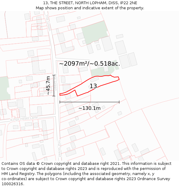 13, THE STREET, NORTH LOPHAM, DISS, IP22 2NE: Plot and title map