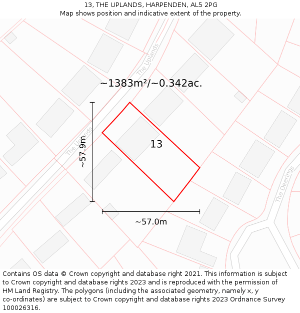 13, THE UPLANDS, HARPENDEN, AL5 2PG: Plot and title map