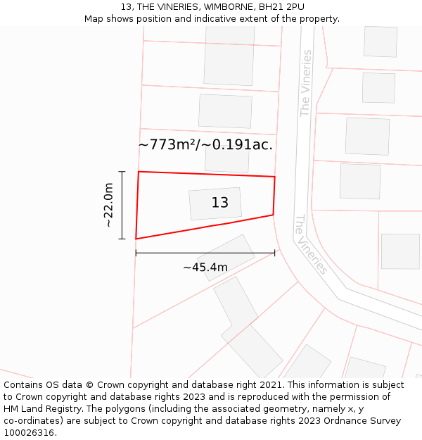 13, THE VINERIES, WIMBORNE, BH21 2PU: Plot and title map