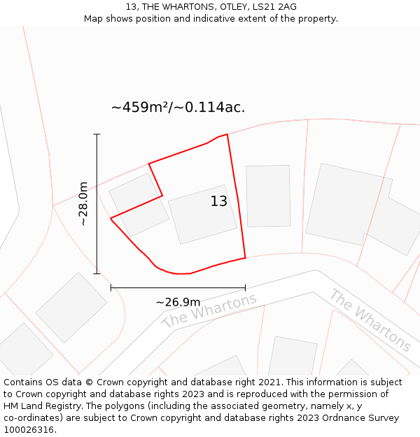 13, THE WHARTONS, OTLEY, LS21 2AG: Plot and title map