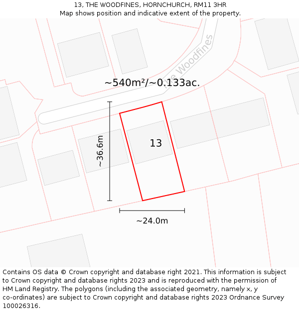 13, THE WOODFINES, HORNCHURCH, RM11 3HR: Plot and title map