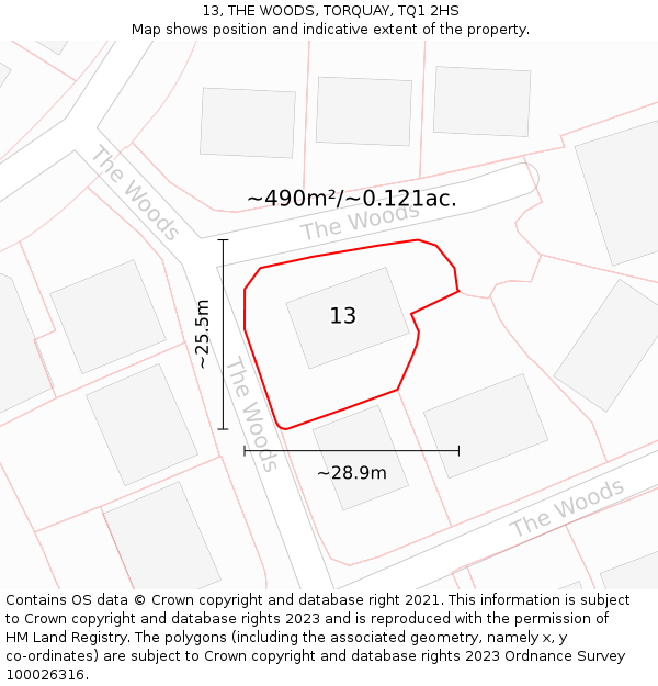 13, THE WOODS, TORQUAY, TQ1 2HS: Plot and title map