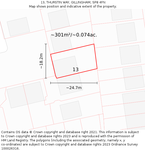 13, THURSTIN WAY, GILLINGHAM, SP8 4FN: Plot and title map