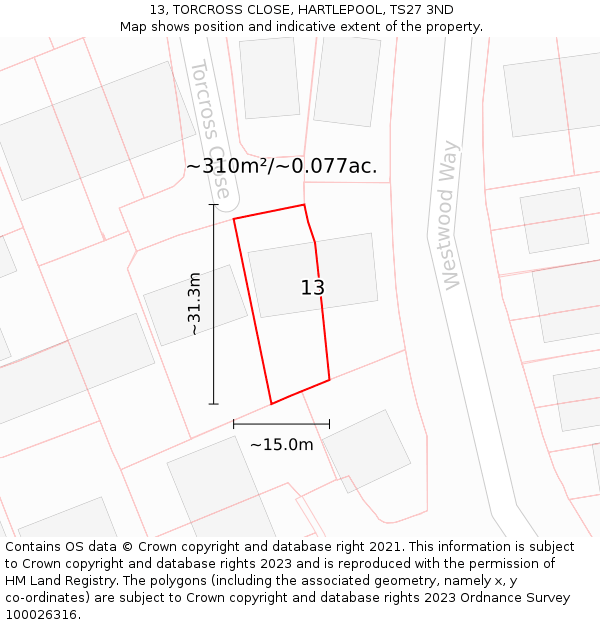 13, TORCROSS CLOSE, HARTLEPOOL, TS27 3ND: Plot and title map