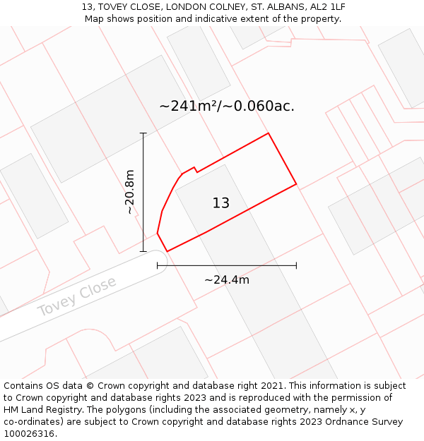 13, TOVEY CLOSE, LONDON COLNEY, ST. ALBANS, AL2 1LF: Plot and title map