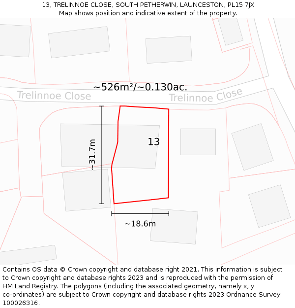 13, TRELINNOE CLOSE, SOUTH PETHERWIN, LAUNCESTON, PL15 7JX: Plot and title map