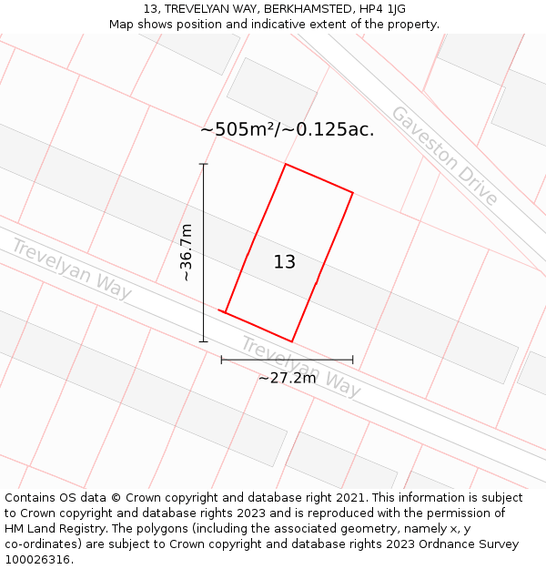 13, TREVELYAN WAY, BERKHAMSTED, HP4 1JG: Plot and title map