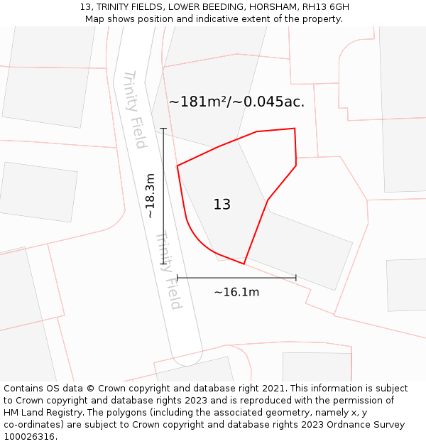 13, TRINITY FIELDS, LOWER BEEDING, HORSHAM, RH13 6GH: Plot and title map