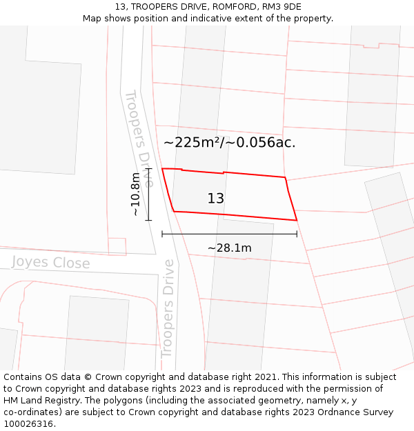 13, TROOPERS DRIVE, ROMFORD, RM3 9DE: Plot and title map