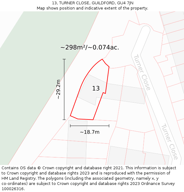 13, TURNER CLOSE, GUILDFORD, GU4 7JN: Plot and title map