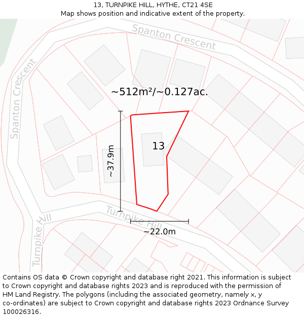 13, TURNPIKE HILL, HYTHE, CT21 4SE: Plot and title map