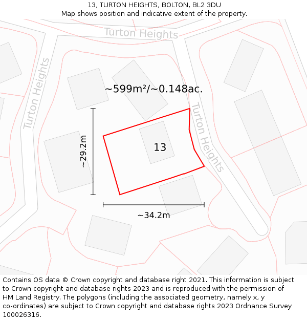 13, TURTON HEIGHTS, BOLTON, BL2 3DU: Plot and title map