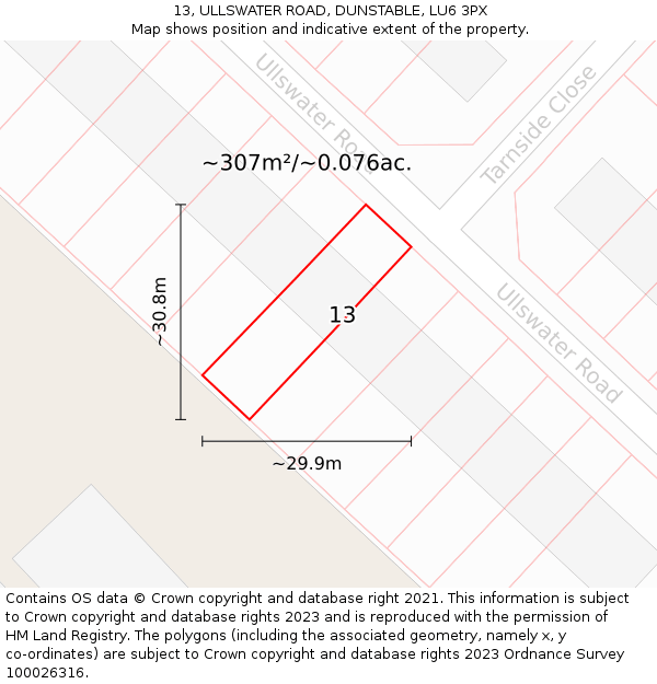 13, ULLSWATER ROAD, DUNSTABLE, LU6 3PX: Plot and title map