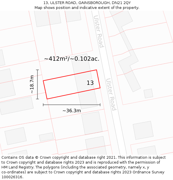 13, ULSTER ROAD, GAINSBOROUGH, DN21 2QY: Plot and title map