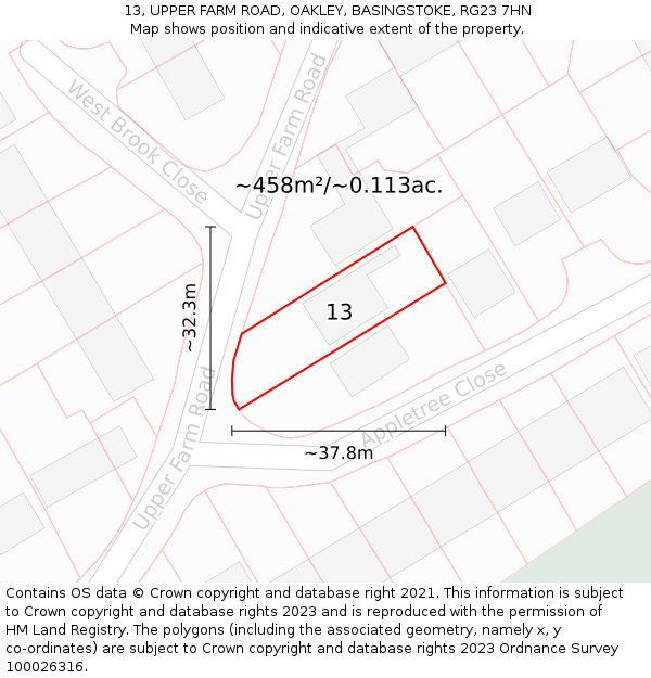 13, UPPER FARM ROAD, OAKLEY, BASINGSTOKE, RG23 7HN: Plot and title map