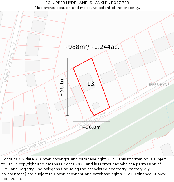 13, UPPER HYDE LANE, SHANKLIN, PO37 7PR: Plot and title map