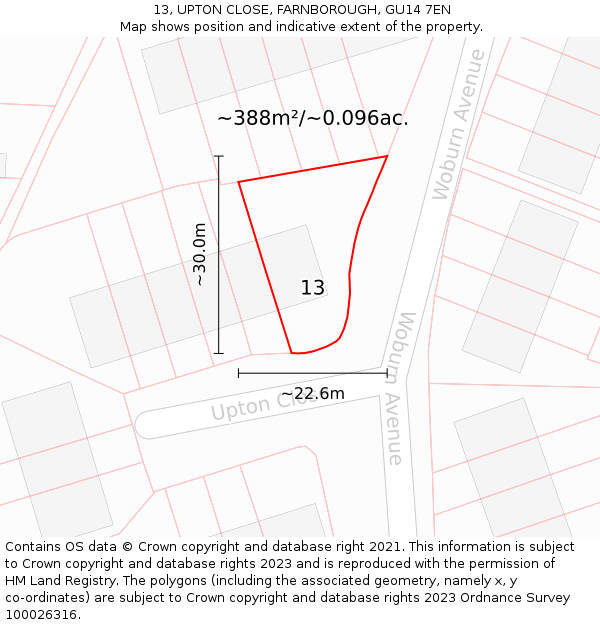 13, UPTON CLOSE, FARNBOROUGH, GU14 7EN: Plot and title map