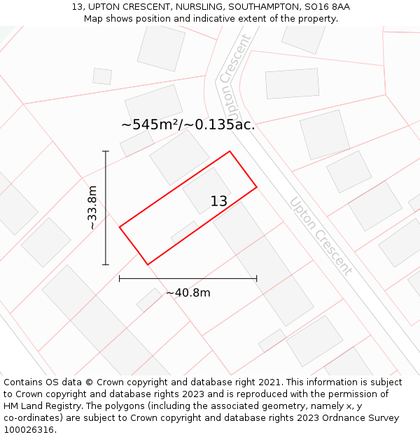 13, UPTON CRESCENT, NURSLING, SOUTHAMPTON, SO16 8AA: Plot and title map