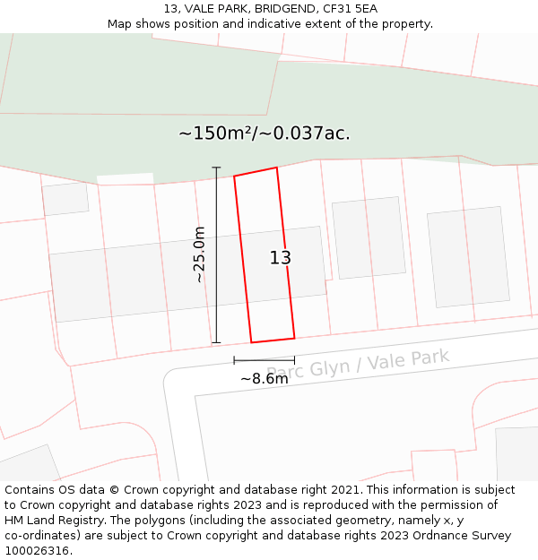 13, VALE PARK, BRIDGEND, CF31 5EA: Plot and title map