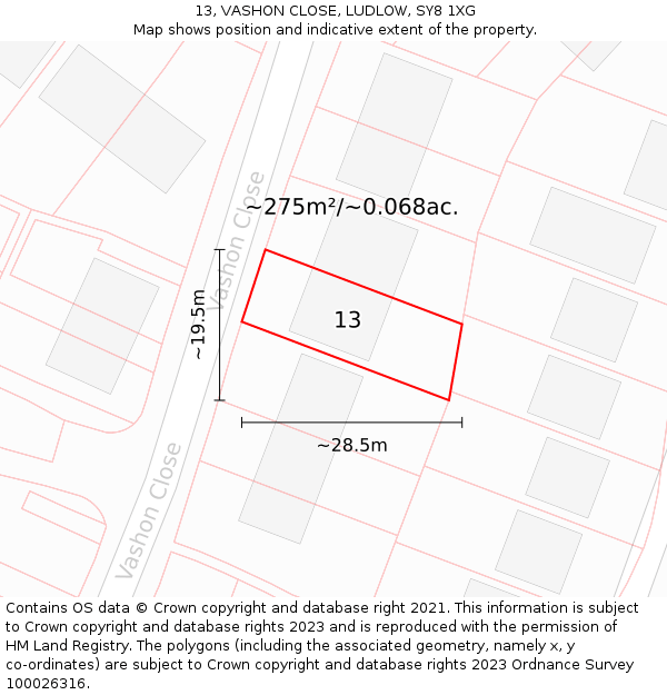 13, VASHON CLOSE, LUDLOW, SY8 1XG: Plot and title map