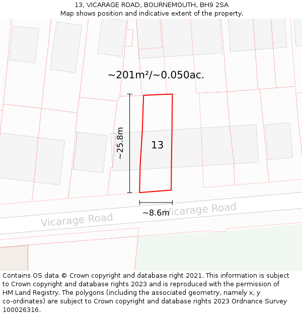 13, VICARAGE ROAD, BOURNEMOUTH, BH9 2SA: Plot and title map
