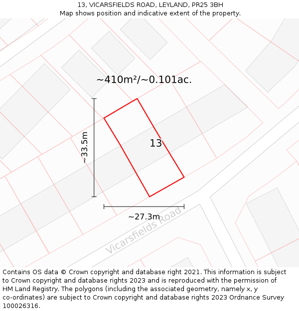 13, VICARSFIELDS ROAD, LEYLAND, PR25 3BH: Plot and title map