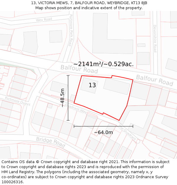 13, VICTORIA MEWS, 7, BALFOUR ROAD, WEYBRIDGE, KT13 8JB: Plot and title map