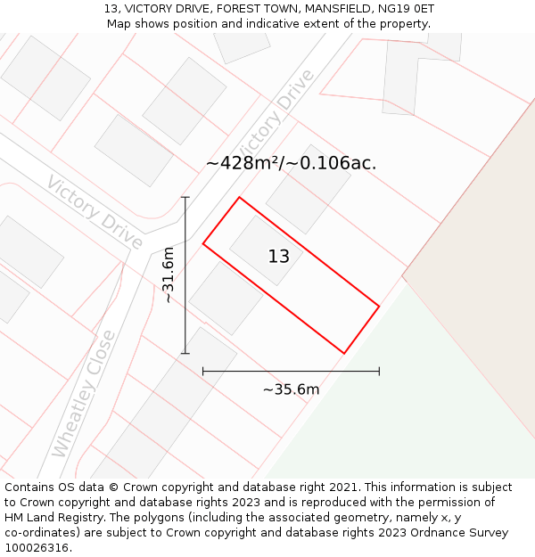 13, VICTORY DRIVE, FOREST TOWN, MANSFIELD, NG19 0ET: Plot and title map