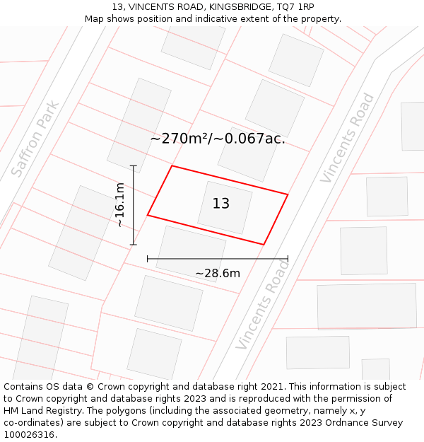 13, VINCENTS ROAD, KINGSBRIDGE, TQ7 1RP: Plot and title map