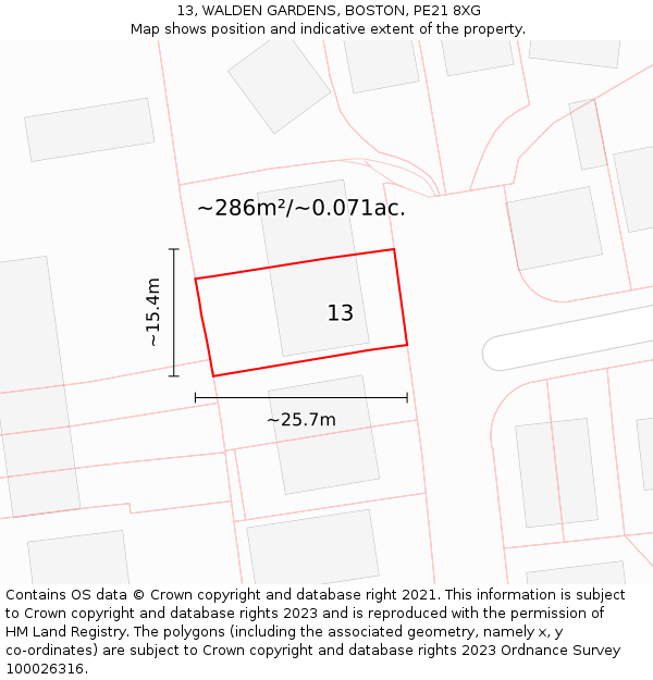 13, WALDEN GARDENS, BOSTON, PE21 8XG: Plot and title map