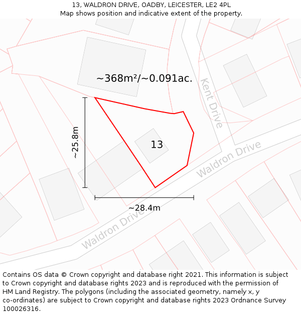 13, WALDRON DRIVE, OADBY, LEICESTER, LE2 4PL: Plot and title map