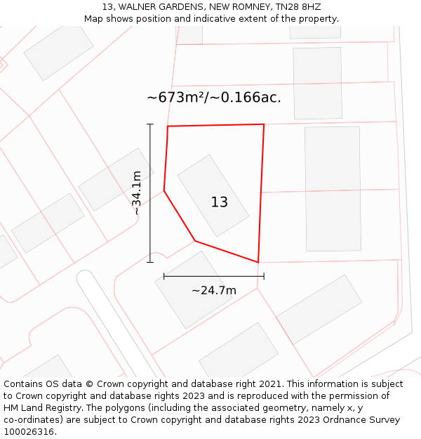 13, WALNER GARDENS, NEW ROMNEY, TN28 8HZ: Plot and title map