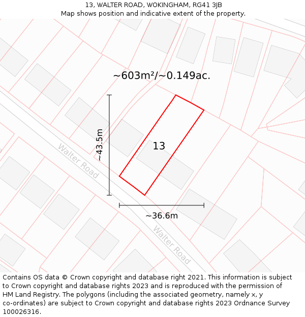 13, WALTER ROAD, WOKINGHAM, RG41 3JB: Plot and title map