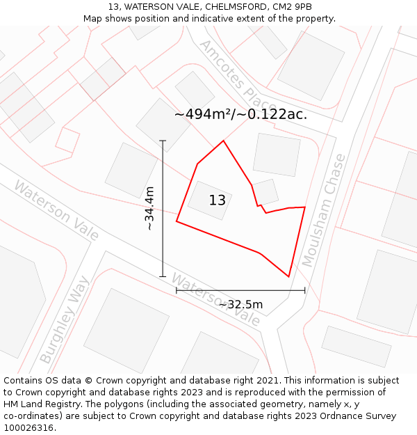 13, WATERSON VALE, CHELMSFORD, CM2 9PB: Plot and title map