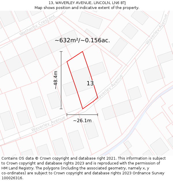 13, WAVERLEY AVENUE, LINCOLN, LN6 8TJ: Plot and title map