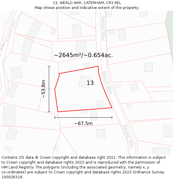 13, WEALD WAY, CATERHAM, CR3 6EL: Plot and title map