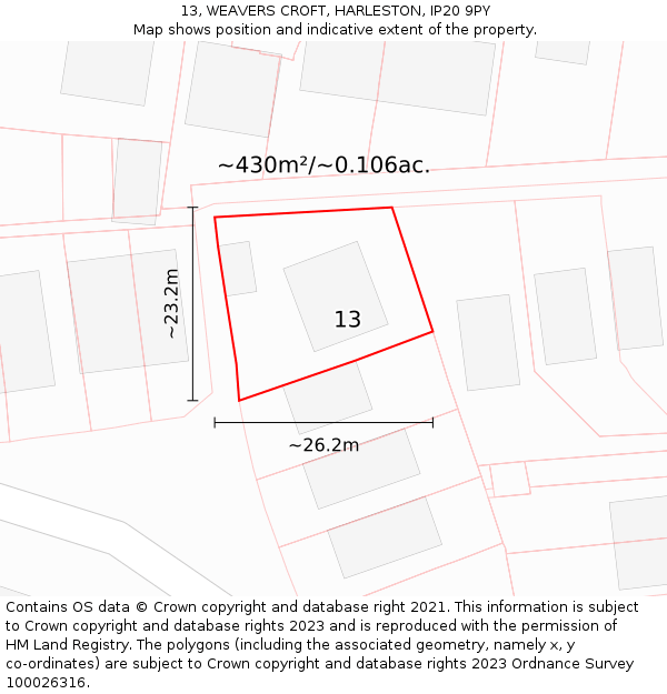 13, WEAVERS CROFT, HARLESTON, IP20 9PY: Plot and title map