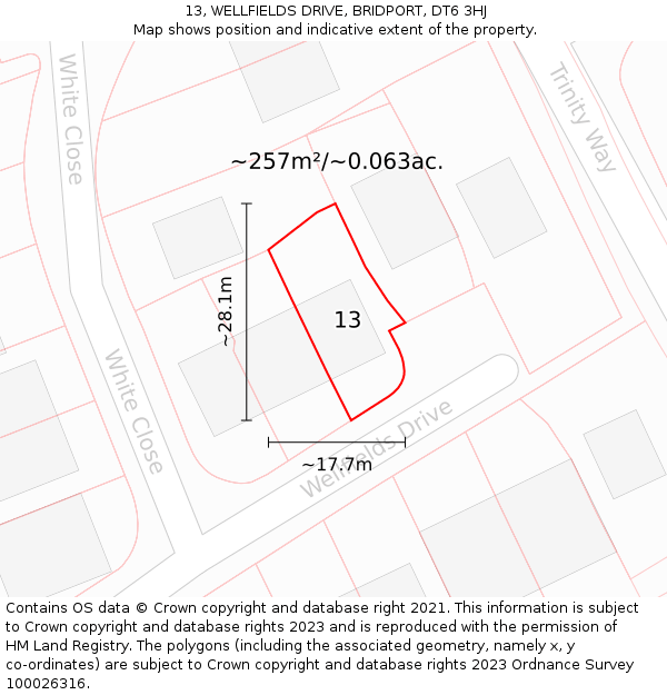 13, WELLFIELDS DRIVE, BRIDPORT, DT6 3HJ: Plot and title map