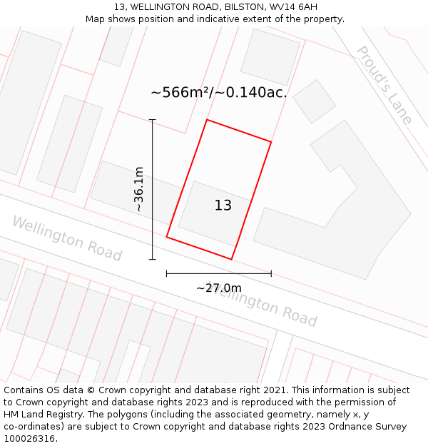 13, WELLINGTON ROAD, BILSTON, WV14 6AH: Plot and title map