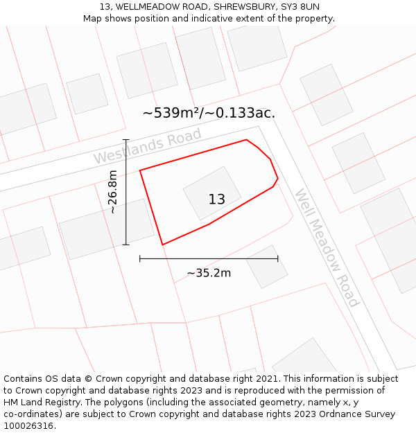 13, WELLMEADOW ROAD, SHREWSBURY, SY3 8UN: Plot and title map