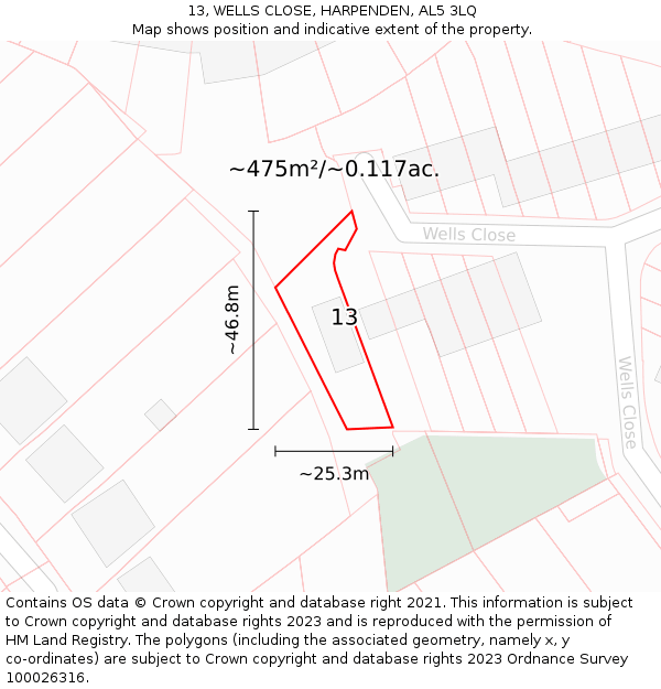 13, WELLS CLOSE, HARPENDEN, AL5 3LQ: Plot and title map