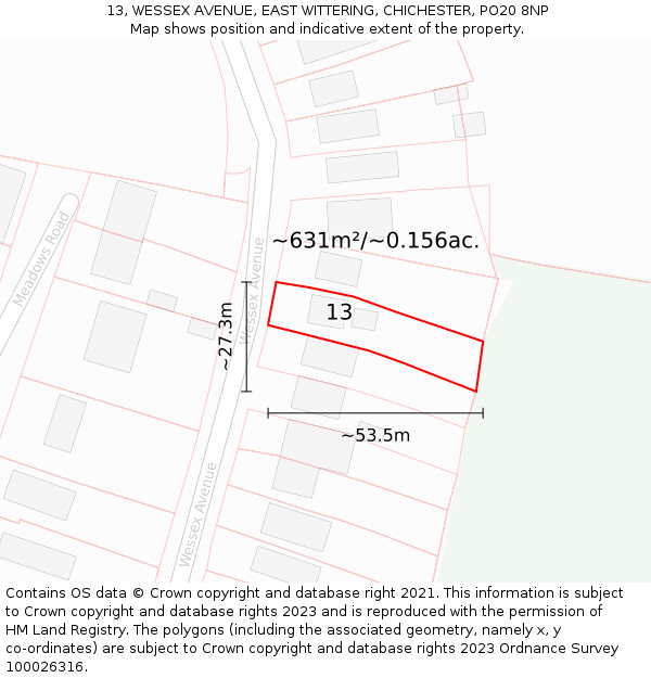 13, WESSEX AVENUE, EAST WITTERING, CHICHESTER, PO20 8NP: Plot and title map