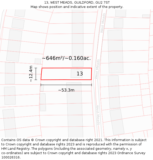 13, WEST MEADS, GUILDFORD, GU2 7ST: Plot and title map