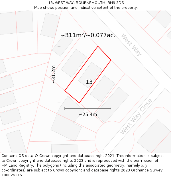 13, WEST WAY, BOURNEMOUTH, BH9 3DS: Plot and title map