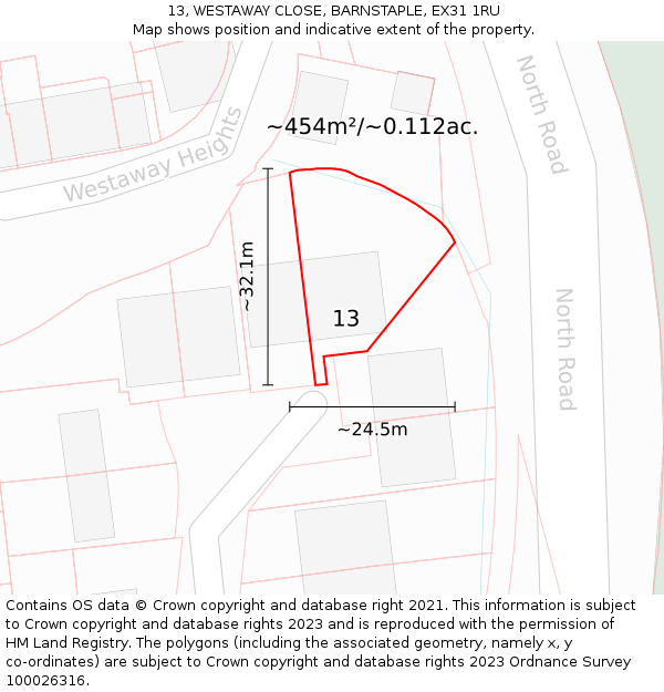 13, WESTAWAY CLOSE, BARNSTAPLE, EX31 1RU: Plot and title map